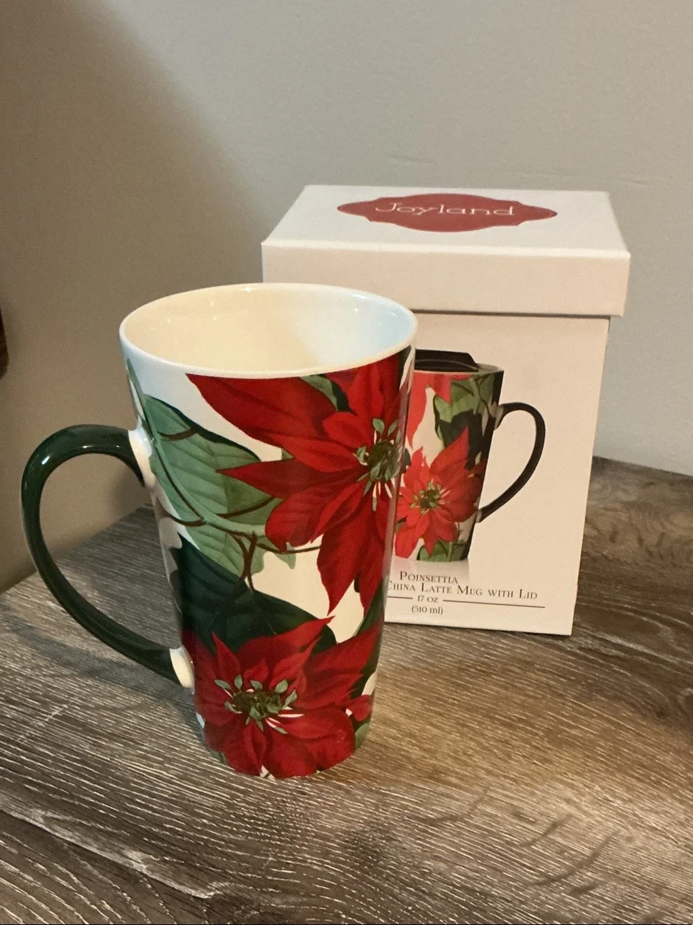 Joyland Poinsettia Red Bone China Latte Mug 17 oz New in Box LID NOT INCLUDED